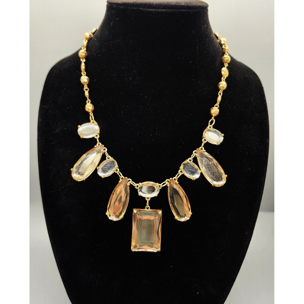 Chico's Statement Bib Necklace Gold Tone Clear Amber Faceted Stones